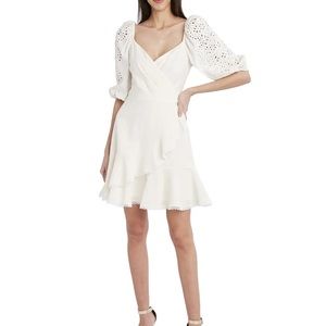 BCBG MAX AZRIA White Surplice Dress with Eyelet Puff Sleeves